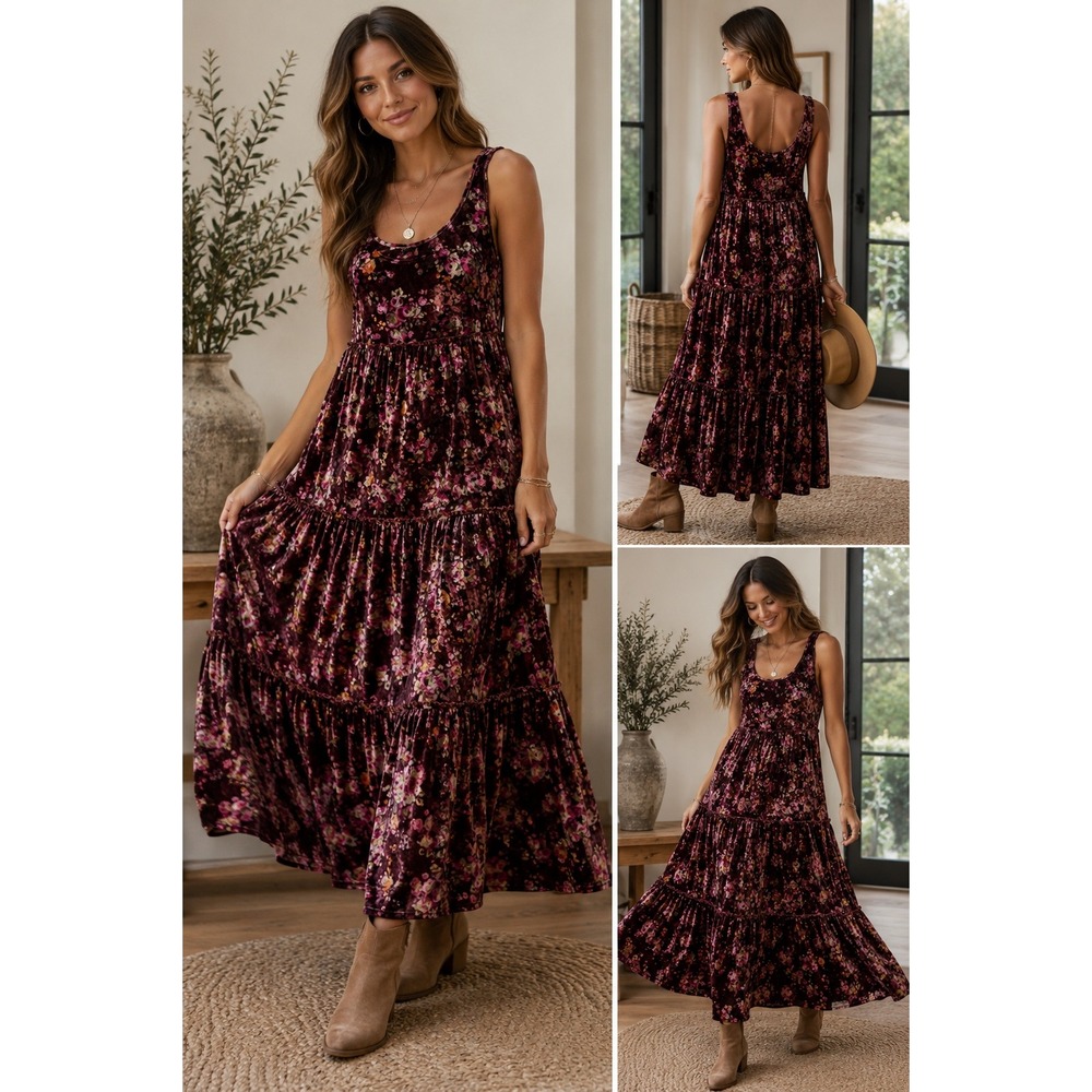 Natural Life Maxi Dress Burgundy Floral Crushed Velvet Boho Tiered Small